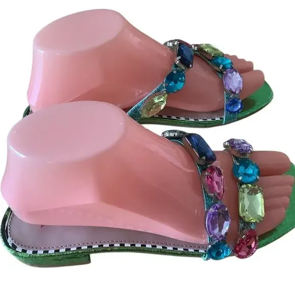 BETSEY JOHNSON WILLET BEJEWELED GREEN METALLIC SLIDES 6.5 - Picture 6 of 10